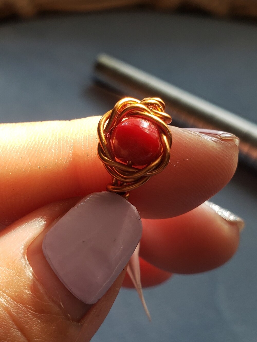 New Copper Wire Wrapped Ring with Red Bead Size 6